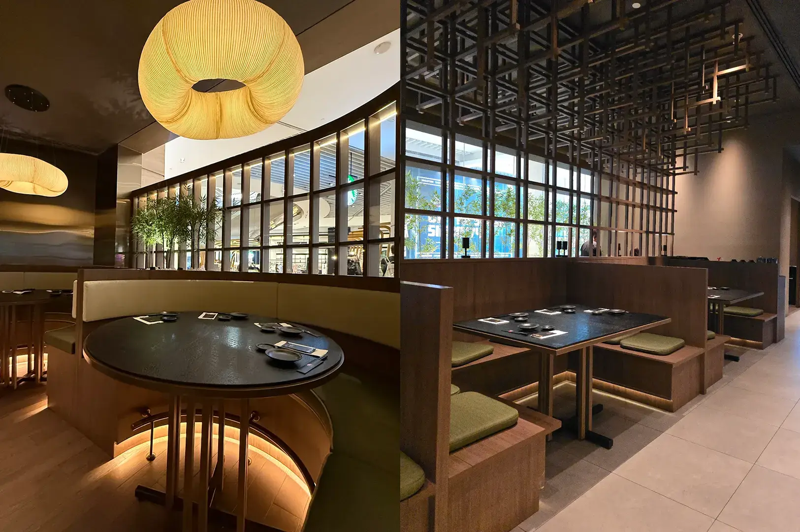 Sen-ryo dining area with booth seating and paper lanterns.