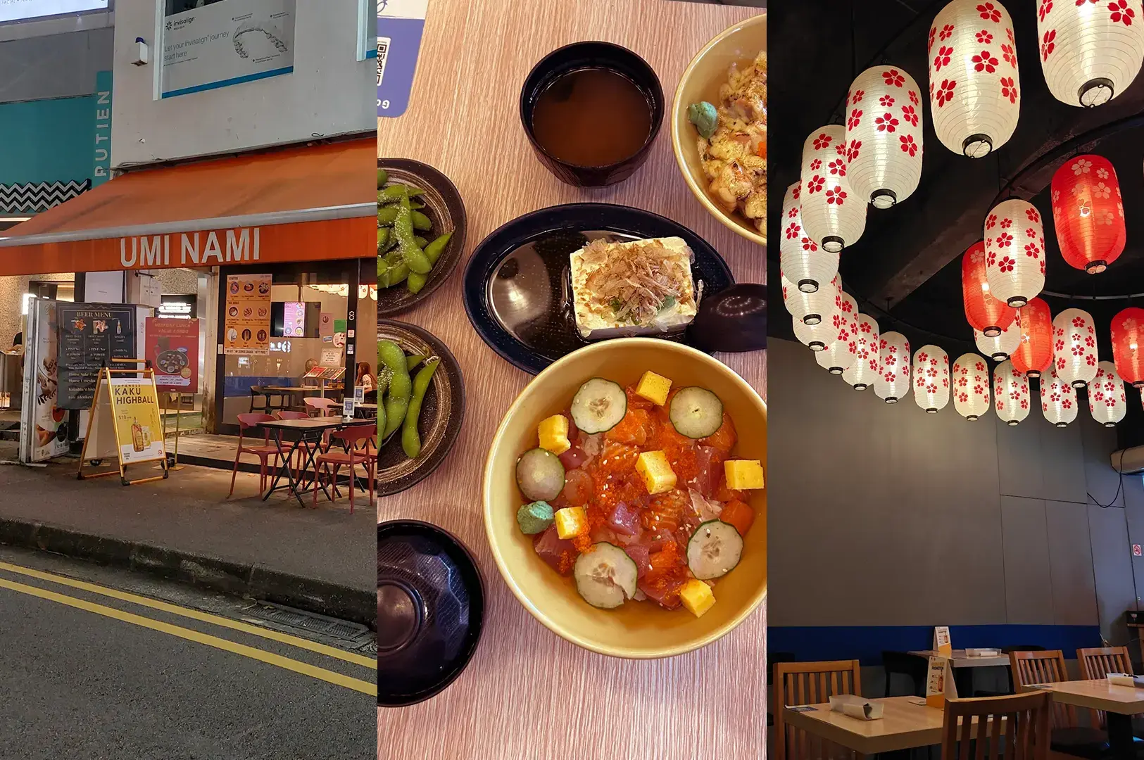 Umi Nami shopfront, chirashi bowl with ikura and mango, grilled fish set, and paper lantern interior.