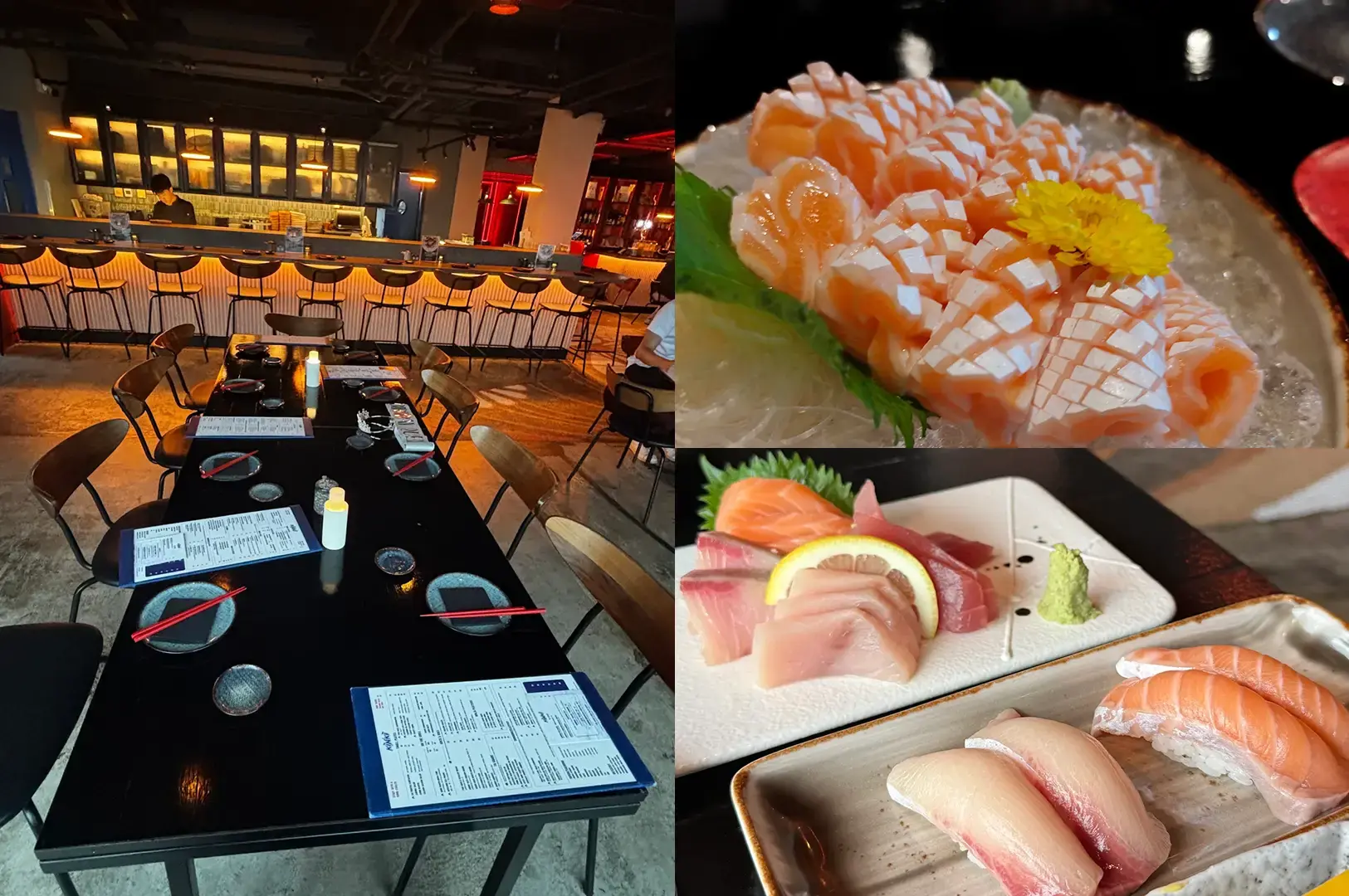 Kinki Restaurant collage showing the dining room and assorted sashimi and sushi dishes.