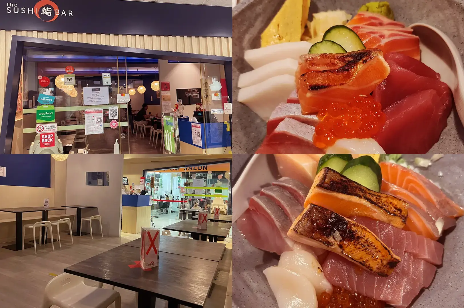 The Sushi Bar collage showing the storefront, dining area, and assorted sushi and sashimi plates.