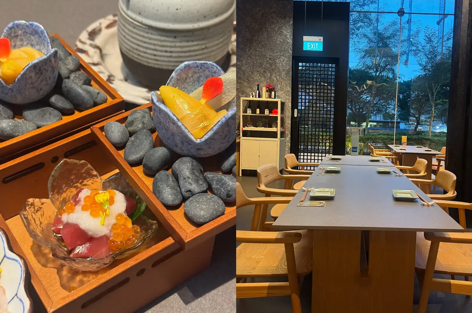 Ganko Sushi dining room with neatly set tables beside a window overlooking greenery.
