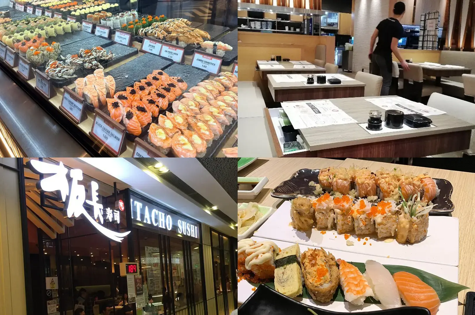 Itacho Sushi restaurant display with assorted sushi, dining tables, storefront signage, and plated sushi rolls.