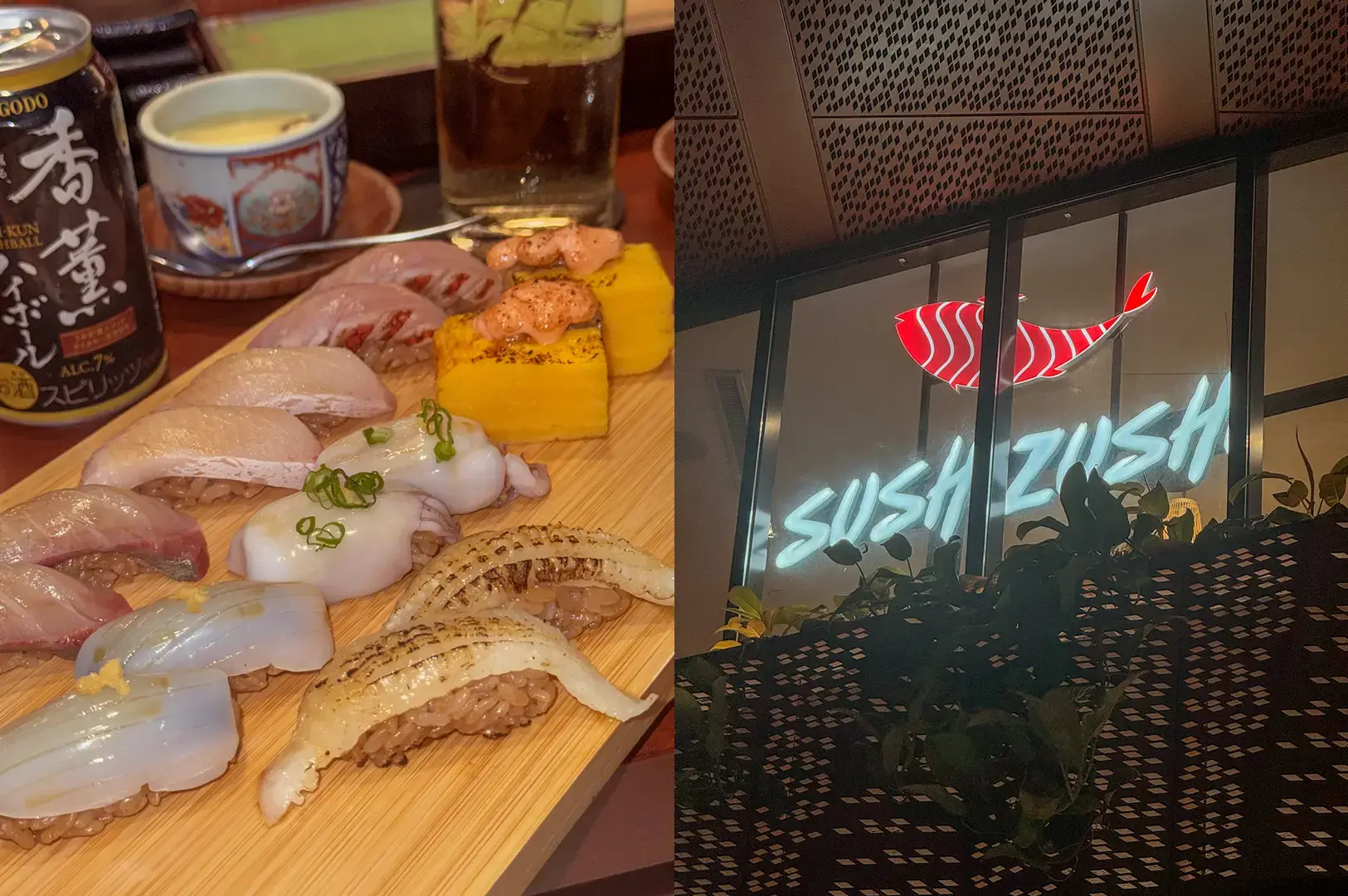 Sushi Zushi storefront beside a wooden platter of assorted sushi, sashimi, and Japanese drinks.