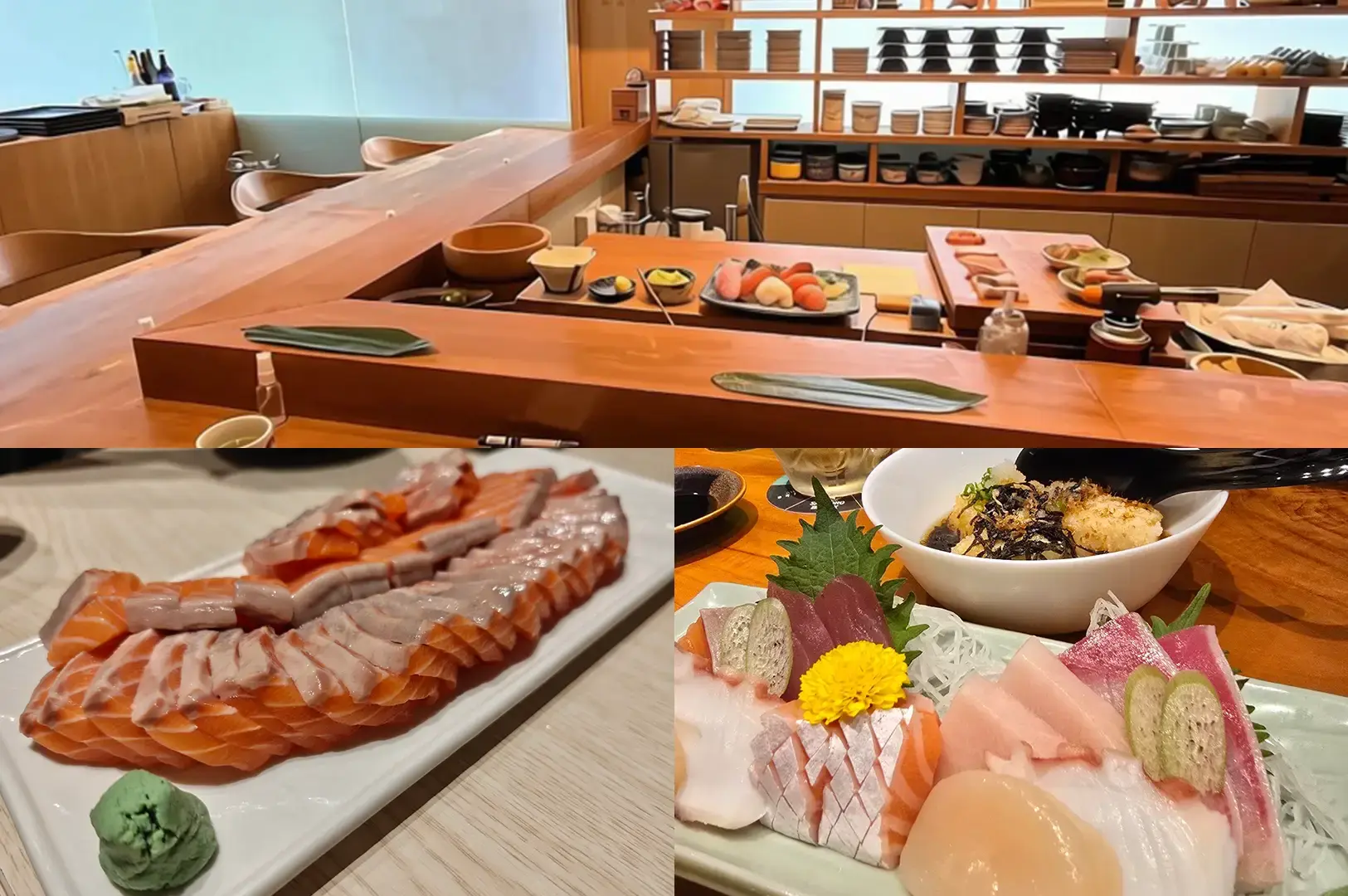 Standing Sushi Bar collage showing a sushi counter, salmon sashimi, assorted sashimi, and a bowl of food.
