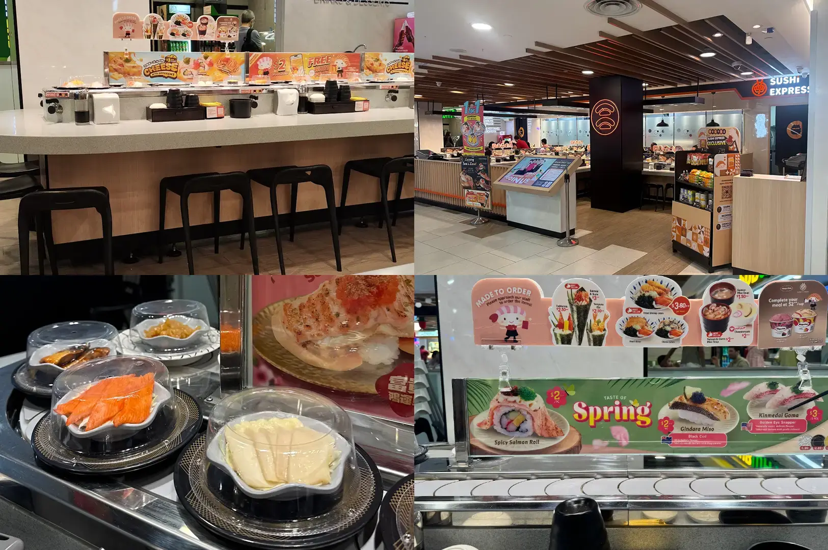 Sushi Express outlet at White Sands with dining counters, conveyor-belt sushi, takeaway dishes, and promotional displays.