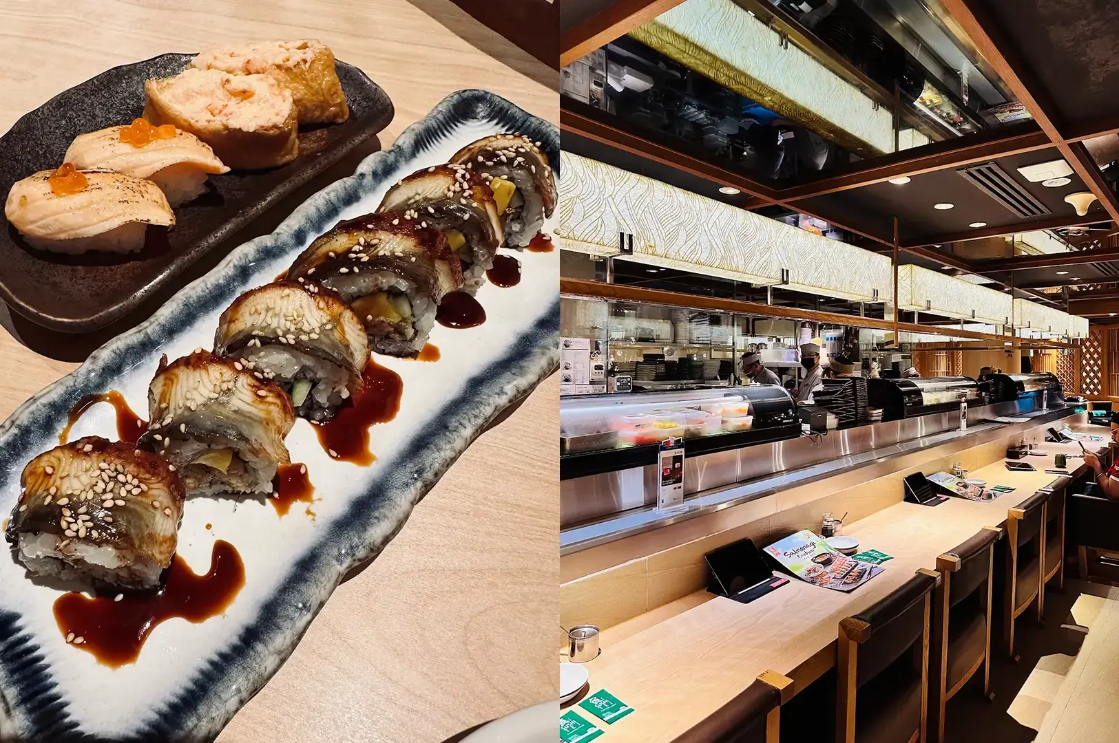 Sushi Tei restaurant interior with a sushi counter, assorted sushi pieces, and glazed sushi rolls.