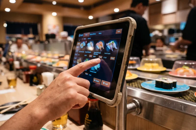 A customer touching a digital tablet ordering screen displaying sushi items at a conveyor belt sushi restaurant.